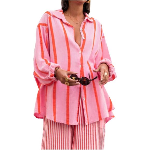 Plus Size Striped Button Down Shirt Long Sleeve Oversized Boho Renaissance - Picture 1 of 5